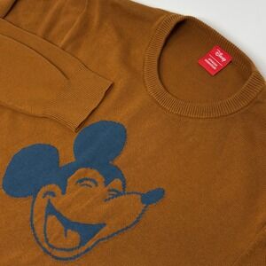 Disney Happy Mickey Mouse Men's Large Knit Sweater Brown Crewneck Cotton NEW